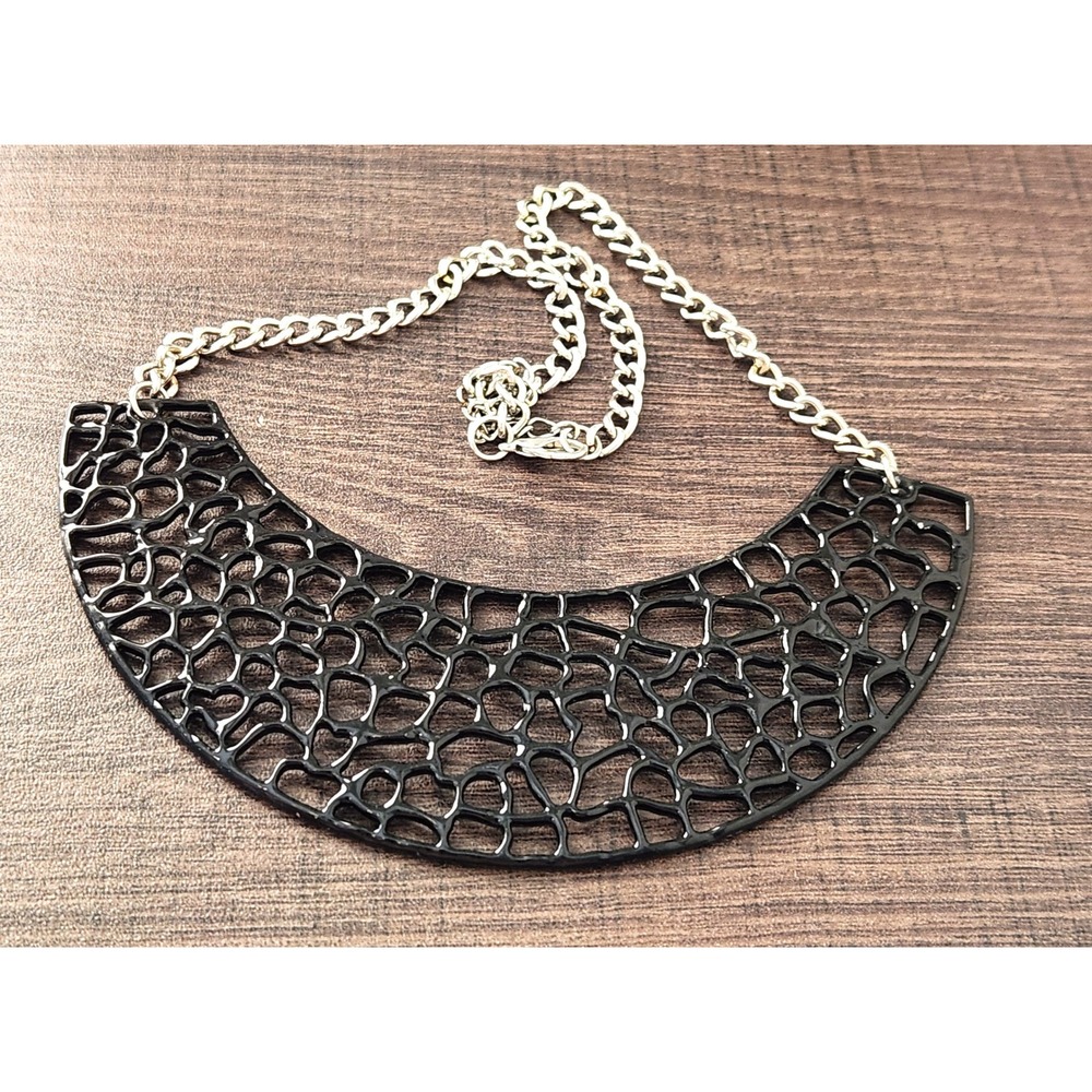 Black Lattice Cutout Statement Bib Necklace Silver Tone Curb Chain Adjustable